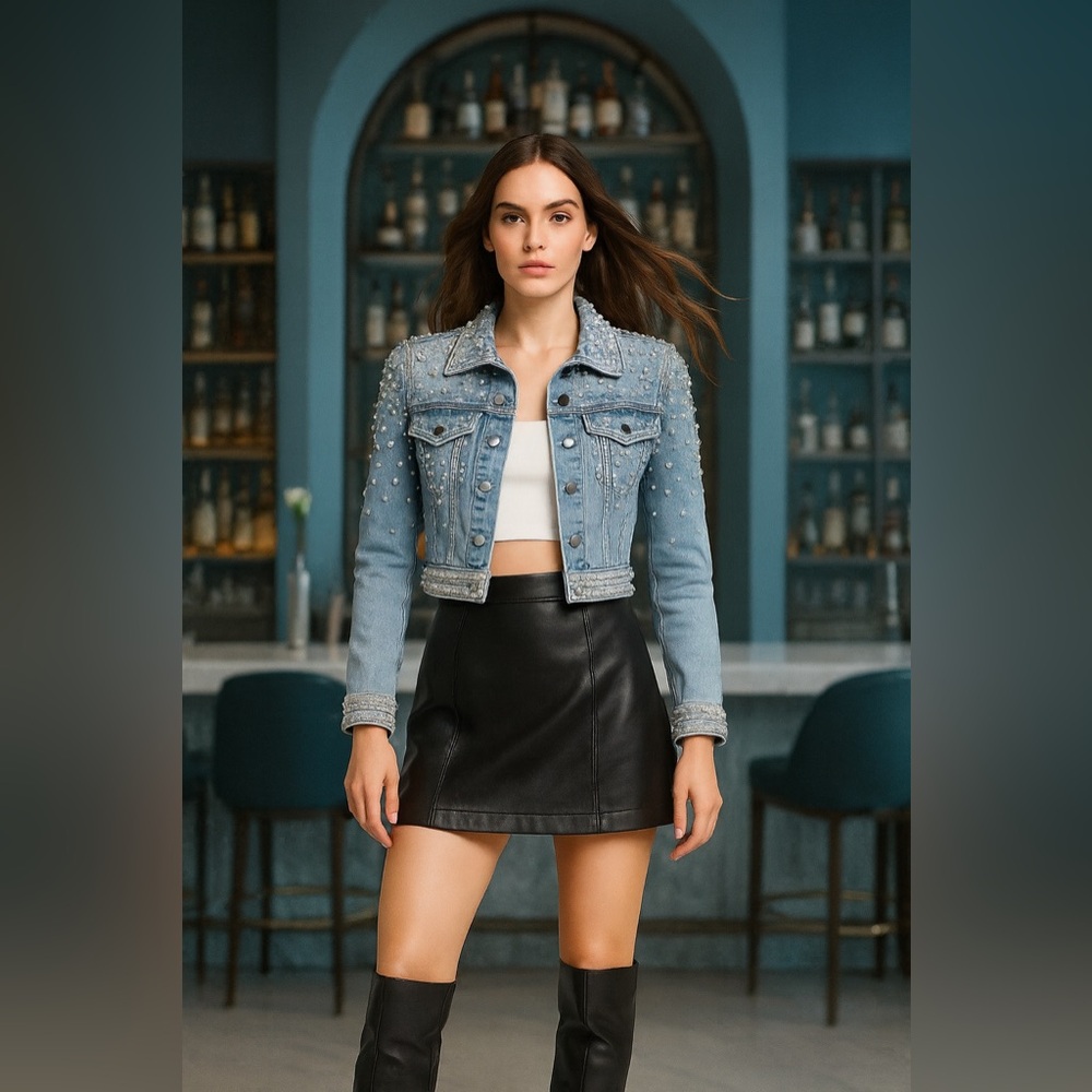 ALICE + OLIVIA Nelson Embellished Beaded Cropped Fitted Denim Jean Jacket Md NEW - Picture 3 of 15
